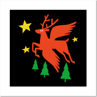 red deer with wings flies above the pines towards the stars with wings flies above the pines towards the stars Posters and Art